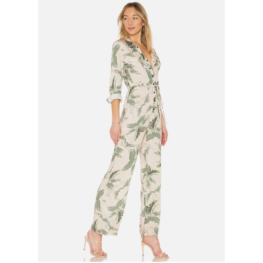 One x OneTeaspoon Tropical Leaf Print Long Sleeve Jumpsuit Cream Green Small NWT